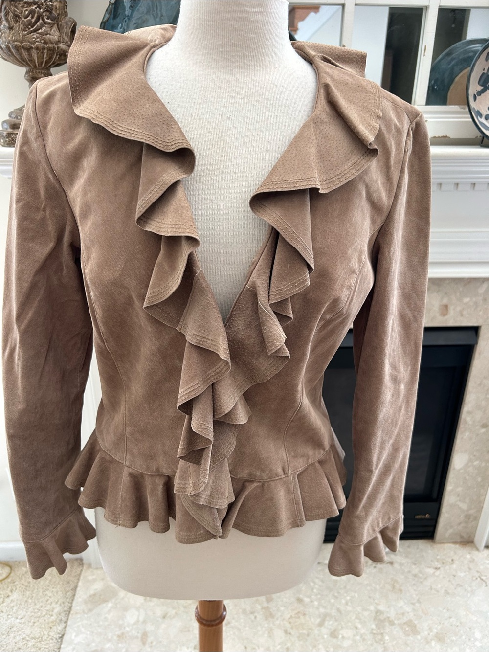 Vintage Live a Little TanRuffled Peplum Suede Jacket